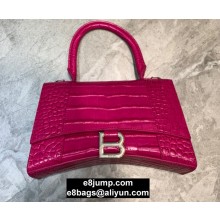Balenciaga Hourglass Small Top Handle Bag in Crocodile Embossed Calfskin Fuchsia/Silver