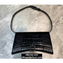 Balenciaga Hourglass Sling Bag Shoulder Bag Crocodile Embossed Calfskin Black