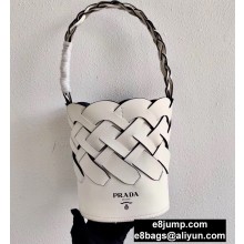 Prada Leather Tress Bucket Bag with Woven Motif 1BE049 White 2020