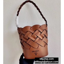 Prada Leather Tress Bucket Bag with Woven Motif 1BE049 Brown 2020