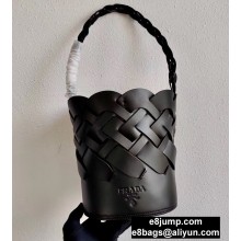 Prada Leather Tress Bucket Bag with Woven Motif 1BE049 Black 2020