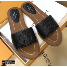 Louis Vuitton Grained Calf Leather Lock It Flat Mules Black 2020