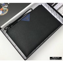 Prada Saffiano Leather Pouch Clutch Bag 2NG05V Black/Blue