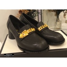 Gucci Heel 5.5cm Textured Leather Loafers Black with Chain 2020