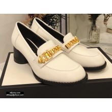 Gucci Heel 5.5cm Textured Leather Loafers White with Chain 2020