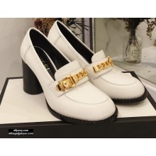 Gucci Heel 8.5cm Textured Leather Loafers White with Chain 2020