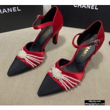Chanel Heel 7.5cm Pearl Bow Satin and Grosgrain Pumps with Straps G36466 Red 2020