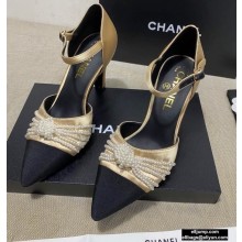 Chanel Heel 7.5cm Pearl Bow Satin and Grosgrain Pumps with Straps G36466 Gold 2020