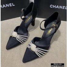 Chanel Heel 7.5cm Pearl Bow Satin and Grosgrain Pumps with Straps G36466 Black 2020