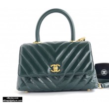 Chanel Waxy Leather Coco Handle Chevron Small Flap Bag Dark Green with Top Handle A92990