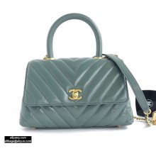 Chanel Waxy Leather Coco Handle Chevron Small Flap Bag Light Green with Top Handle A92990