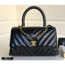 Chanel Waxy Leather Coco Handle Chevron Small Flap Bag Black with Top Handle A92990