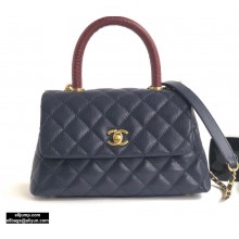 Chanel Coco Handle Small Flap Bag Navy Blue/Burgundy Lizard with Top Handle A92990