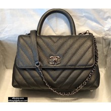 Chanel Caviar Calfskin Coco Handle Chevron Small Flap Bag Pearl Gun Color with Top Handle A92990 7147