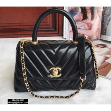 Chanel Waxy Calfskin Coco Handle Chevron Small Flap Bag Black with Top Handle A92990 7147