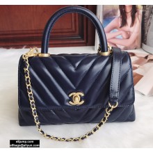 Chanel Waxy Calfskin Coco Handle Chevron Small Flap Bag Navy Blue with Top Handle A92990 7147