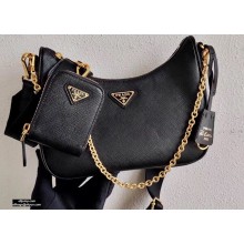 Prada Re-Edition 2005 Saffiano Leather Shoulder Hobo Bag 1BH204 Black/Gold 2020