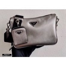 Prada Saffiano Leather Cross-Body Bag 2VH113 Metallic Silver with Strap 2020