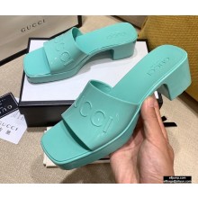Gucci Heel 5.5cm Platform 2.5cm Embossed Logo Rubber Slide Sandals Green 2020