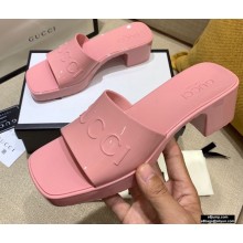Gucci Heel 5.5cm Platform 2.5cm Embossed Logo Rubber Slide Sandals Pink 2020