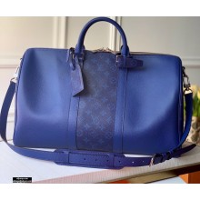 Louis Vuitton Taiga Leather and Monogram Eclipse Canvas Keepall Bandoulière 50 Bag M53766 Blue
