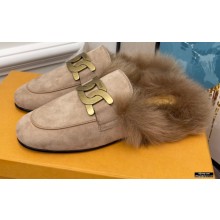 Tod's Kate Fur Slippers in leather Suede Beige