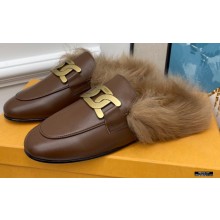 Tod's Kate Fur Slippers in leather Coffee