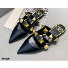Valentino Calfskin Roman Stud Flat Mules Black 2021