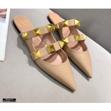 Valentino Calfskin Roman Stud Flat Mules Nude 2021