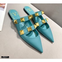 Valentino Calfskin Roman Stud Flat Mules Blue 2021