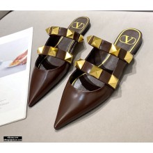 Valentino Calfskin Roman Stud Flat Mules Coffee 2021