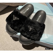 Prada Heel 3cm Wool Triangle Logo Slides Black 2021