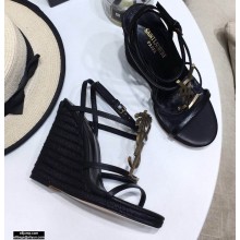 Saint Laurent Cassandra Wedge Espadrilles Black with Gold Palm Monogram YSL Logo Heel 10.5cm