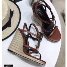 Saint Laurent Cassandra Wedge Espadrilles Brown with Gold Palm Monogram YSL Logo Heel 10.5cm