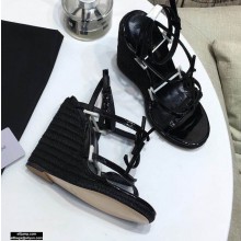 Saint Laurent Cassandra Wedge Espadrilles Patent Black with Monogram YSL Logo Heel 10.5cm