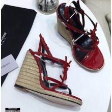 Saint Laurent Cassandra Wedge Espadrilles Patent Red with Monogram YSL Logo Heel 10.5cm