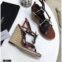 Saint Laurent Cassandra Wedge Espadrilles Brown with Monogram YSL Logo Heel 10.5cm