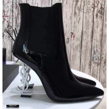 Saint Laurent Opyum Ankle Boots Patent Black with Silver Interlocking YSL Logo Heel 11cm