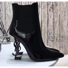 Saint Laurent Opyum Ankle Boots Patent Black with Black Interlocking YSL Logo Heel 11cm