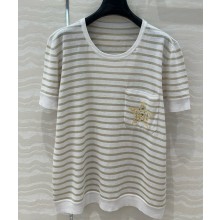 Dior Marinière Short-Sleeved Top Gold-Tone and White Blended Linen, Cashmere and Silk Knit with Gold-Tone Dior Around the World Motif 2025