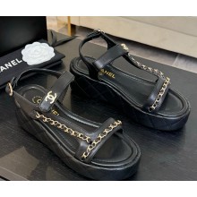 Chanel lambskin platform sandals with chain black 2025 