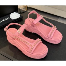 Chanel lambskin platform sandals with chain pink 2025 