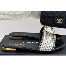 Chanel CC logo with Pearl and chain decoration black slippers 2025