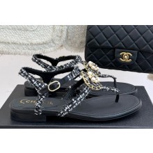 Chanel Camellia Flat flip flops with pearl sandals black 2025