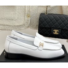 Chanel calfskin loafer with CC crystal logo white 2025