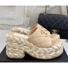 Chanel calfskin platform double C slipper beige heel 8cm 2025