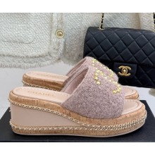 Chanel Gold Pearl CC Logo Mules Tweed light pink heel 7cm 2025