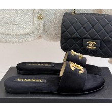 Chanel crystal CC Logo slippers flat Black velvet 2025