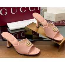 Gucci Heel 7.5cm Crystal Double G Slides Sandals pink calf Leather 2025