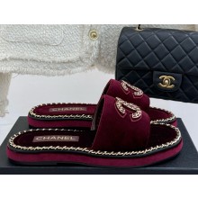 Chanel Double C with chain slipper burgundy velvet 2025